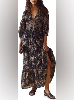 Free People Golden Hour Smocked Black Floral Boho Maxi Dress Medium Cotton